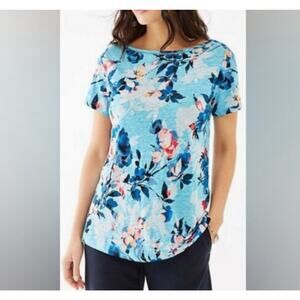 J. Jill Love Linen Top Plus Size 2X Blue Floral Tropical Short Sleeve 100% Linen